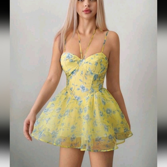 Women's  Yellow Sundress  Party Floral Print Splicing Mesh Strap Dress - Picture 3 of 5